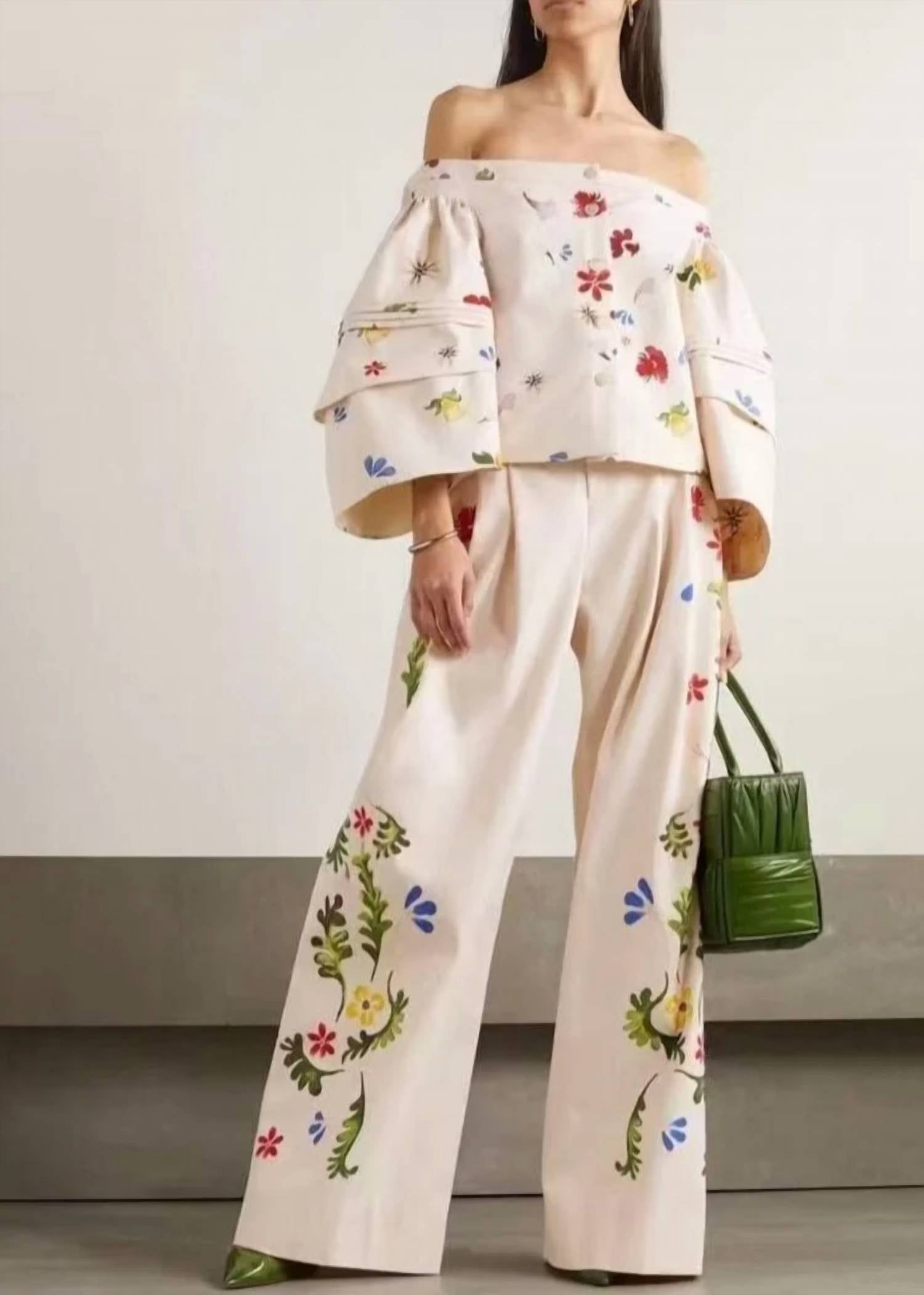 La New Trend - Dahlia Off The Shoulder & Pleated Floral Print Wide-leg Pants Set