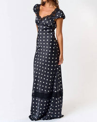Blue Blush - Satin Polka Dot Lacy Maxi Dress