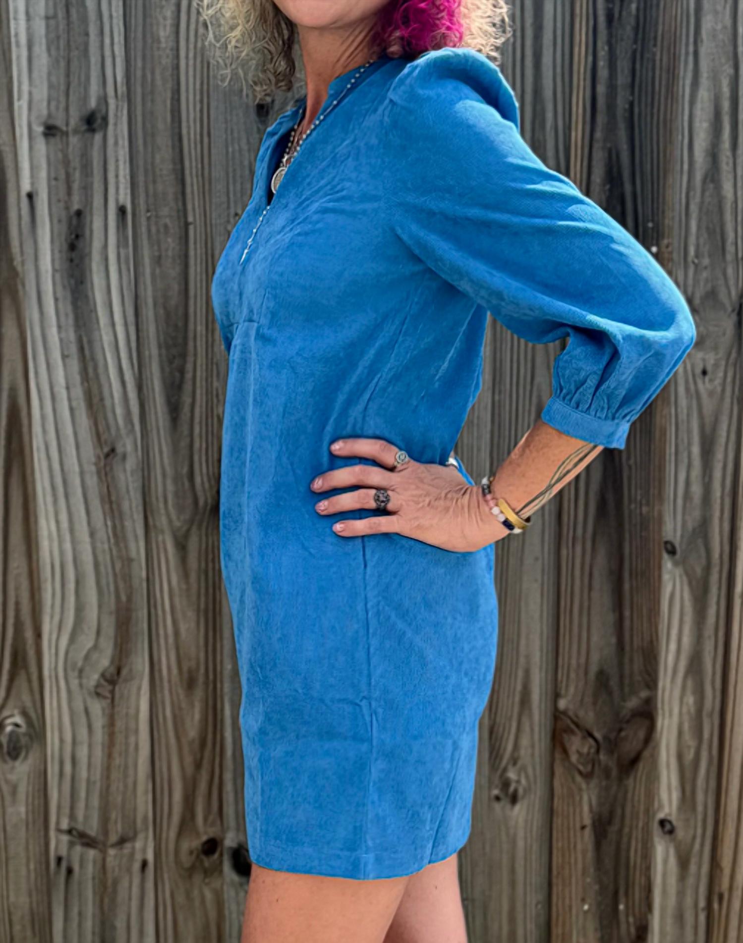 Joy Joy Corduroy Front Yoke Dress in blue - women's dress - alternate view