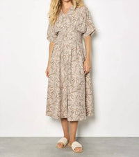 Apricot - Leaf Print Midi Shirt Dress