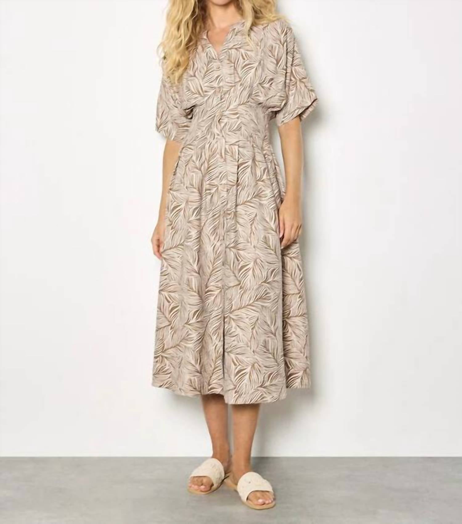 Apricot - Leaf Print Midi Shirt Dress