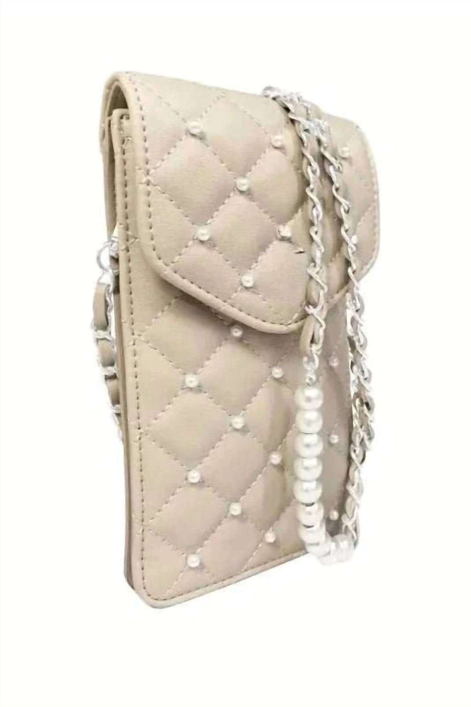 Badgley Mischka - Women's Diamond Quilted Studded Pearls Crossbody Phone Case