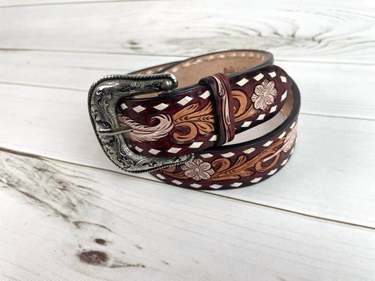 American Darling - Women's Feather Floral Tooled Buckstitch Leather Belt