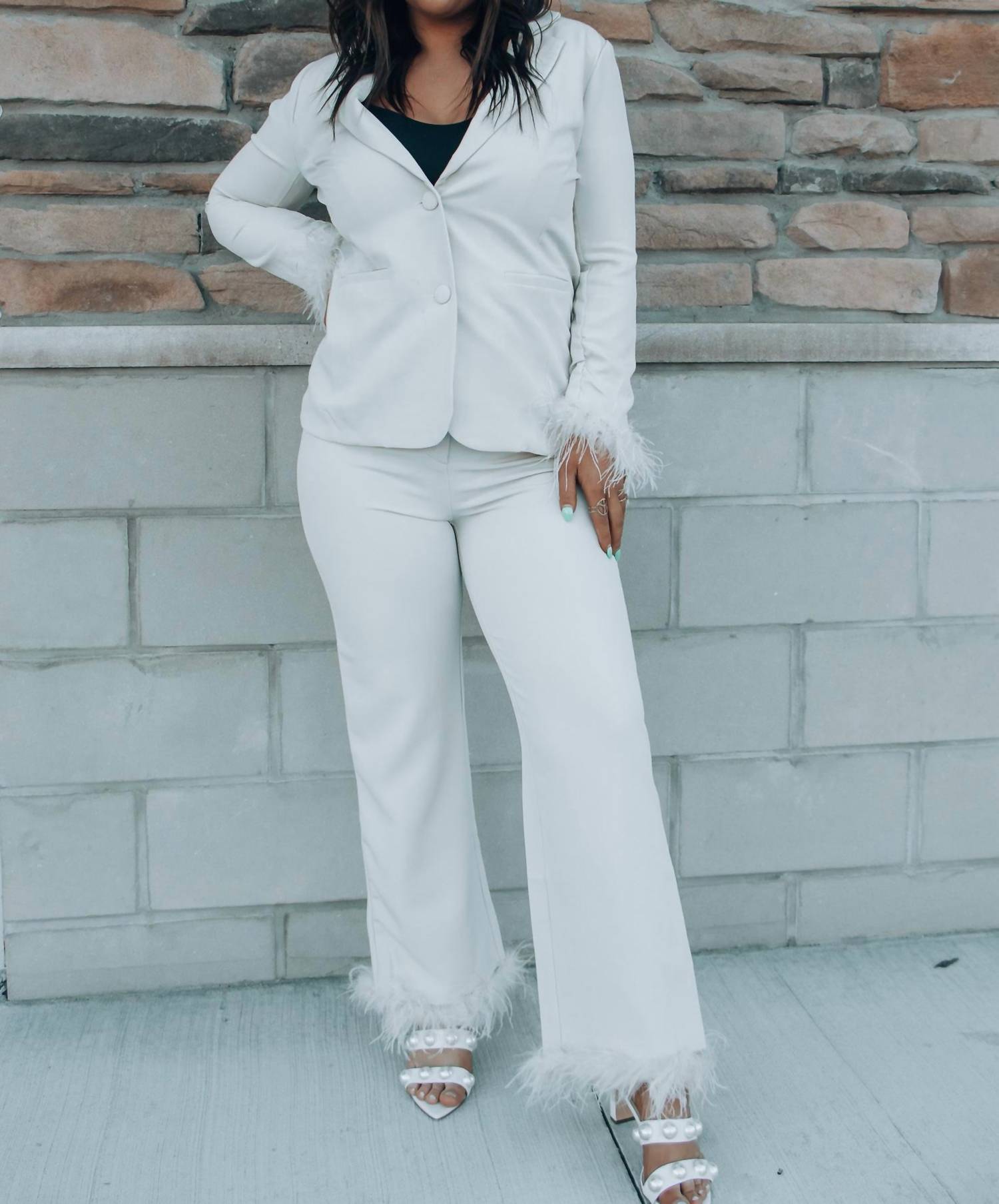 SKIES ARE BLUE Business Baddie Feather Cuff Straight Pants in cream - women's pants - view 6