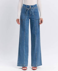 Vervet By Flying Monkey - Super High Rise Tie Waistband Wide Leg Jeans