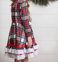 Adorable Sweetness - Girl's Holiday Christmas Plaid Lace Ruffle Bow Back Dress