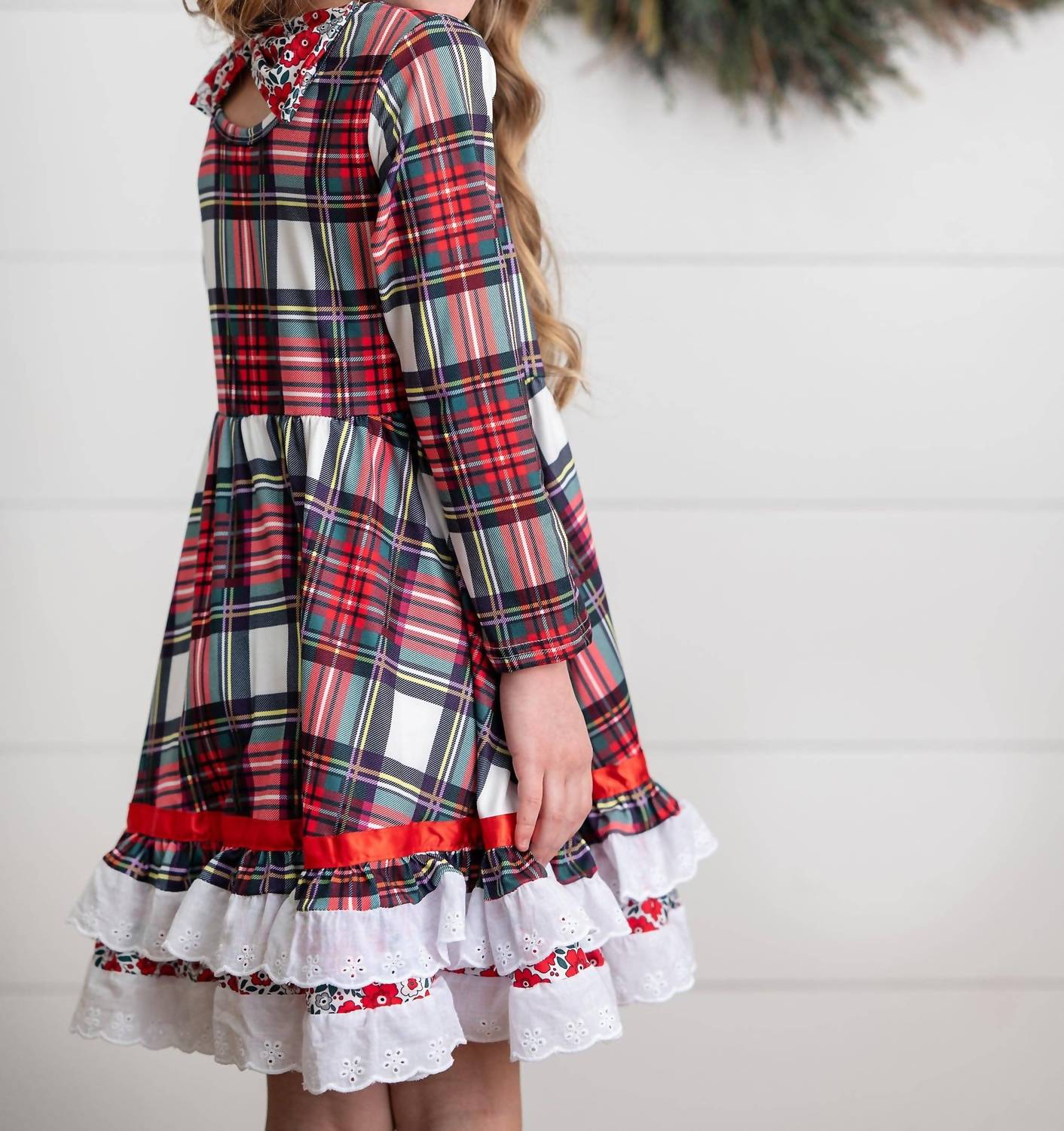 Adorable Sweetness - Girl's Holiday Christmas Plaid Lace Ruffle Bow Back Dress