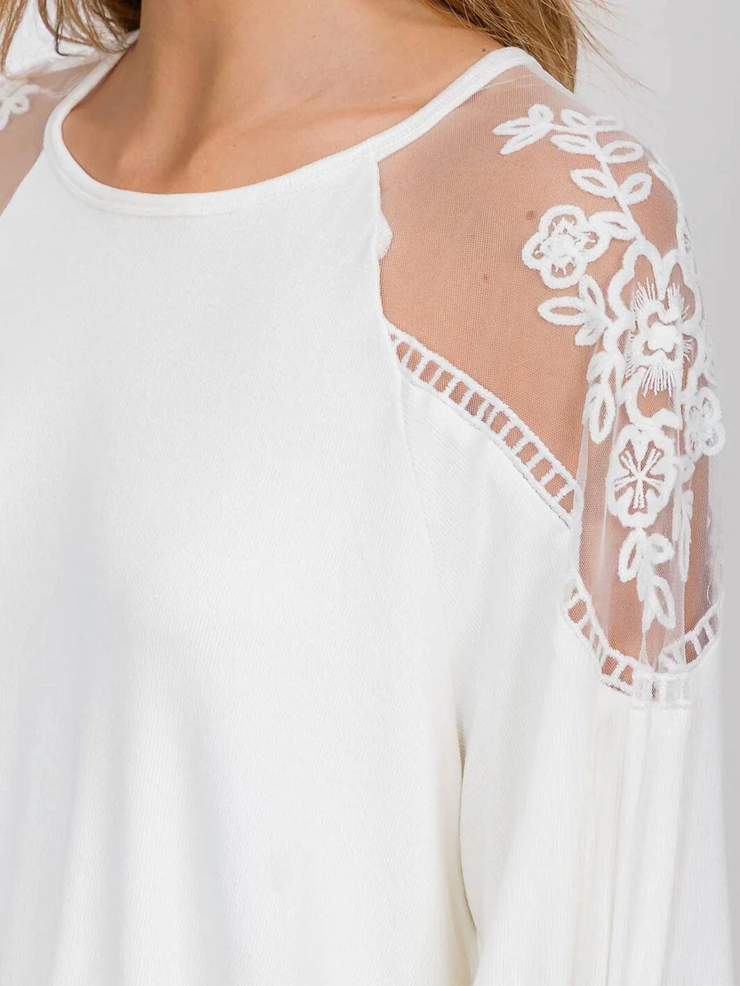 Surelymine - Lace Sleeve Top with Balloon Sleeves