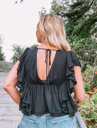 Newbury Kustom - Ruffle Crop Top V-neck Short Sleeve Top