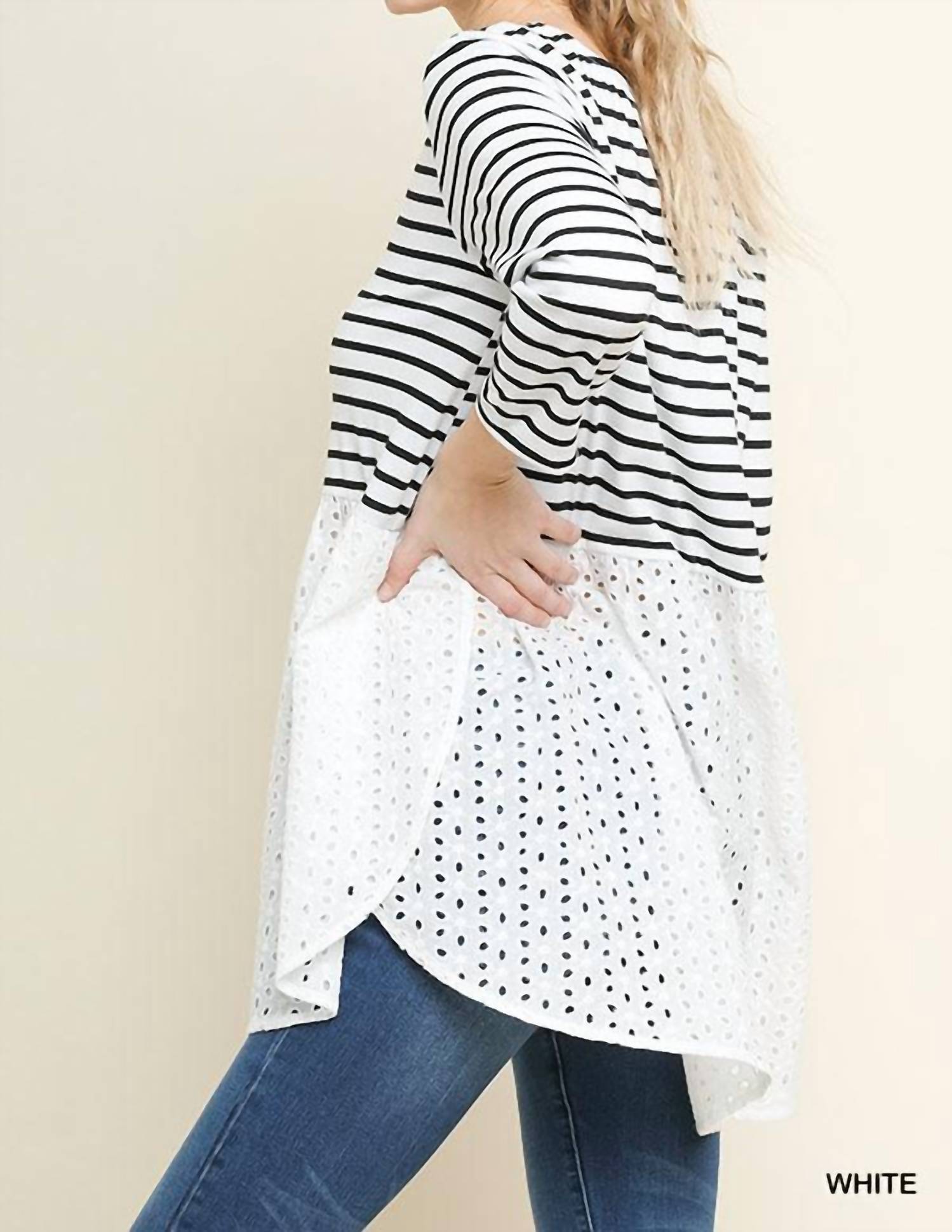 Umgee - Striped & Eyelet Babydoll Top