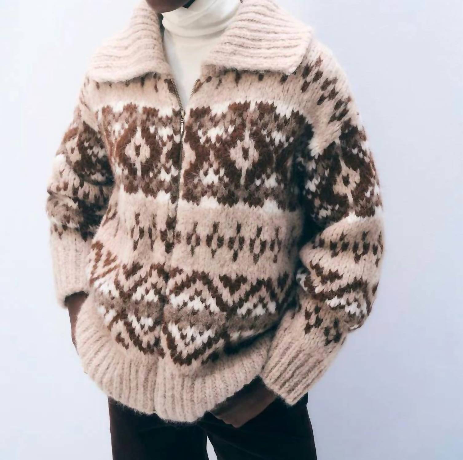 White + Warren - Alpaca Blend Fair Isle Bomber Sweater