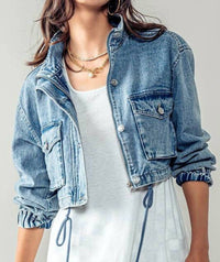 Urban Daizy - Drawstring Hem Stand Collar Denim Jacket