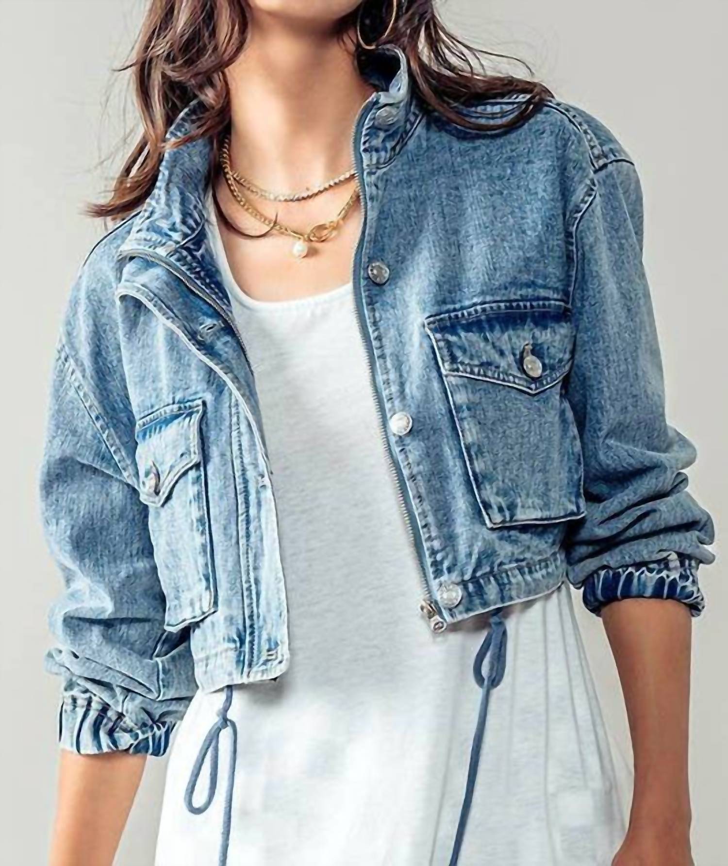 Urban Daizy - Drawstring Hem Stand Collar Denim Jacket