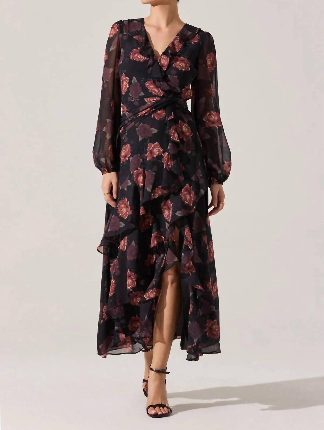 ASTR Corrina Floral Ruffle Maxi Dress in black 1 - women's dress - alternate view