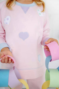 The Beaufort Bonnet Company Cassidy Comfy Crewneck Top in palm beach pink with hearts - kids' sweater - alternate view