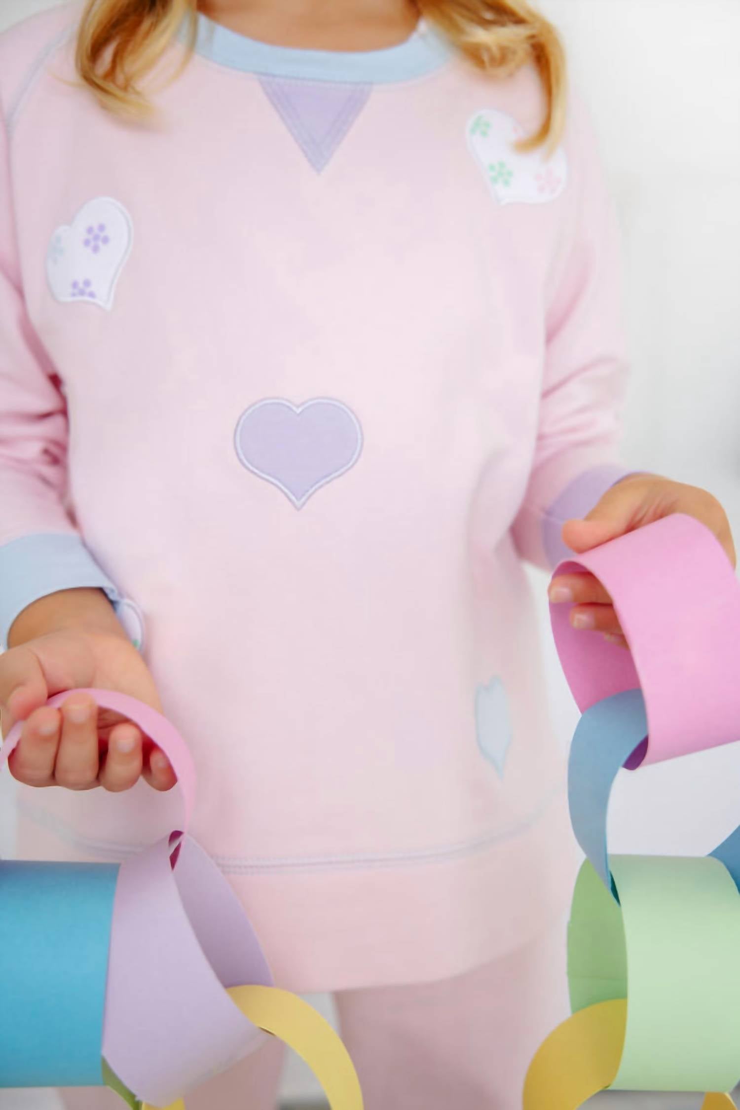 The Beaufort Bonnet Company Cassidy Comfy Crewneck Top in palm beach pink with hearts - kids' sweater - alternate view