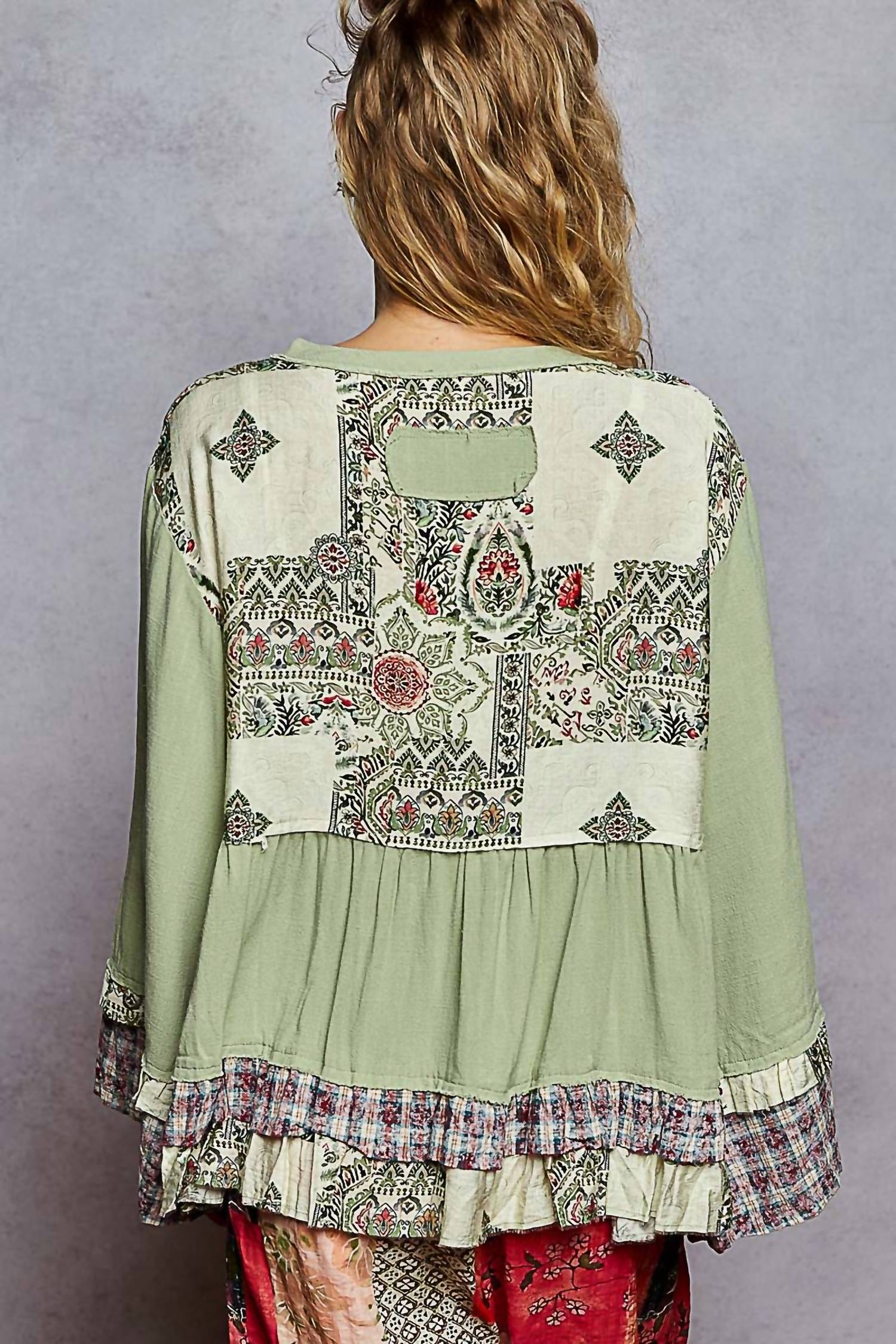 POL Relaxed Fit Print Plaid Full Sleeve Top in mint green - women's blouse - alternate view