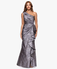 Xscape - One Shoulder Ruffle Floor Length Jacquard Dress