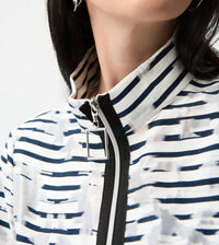 Joseph Ribkoff Jacquard Organza Stripped Bomber Jacket in off white navy - women's jacket - detail view