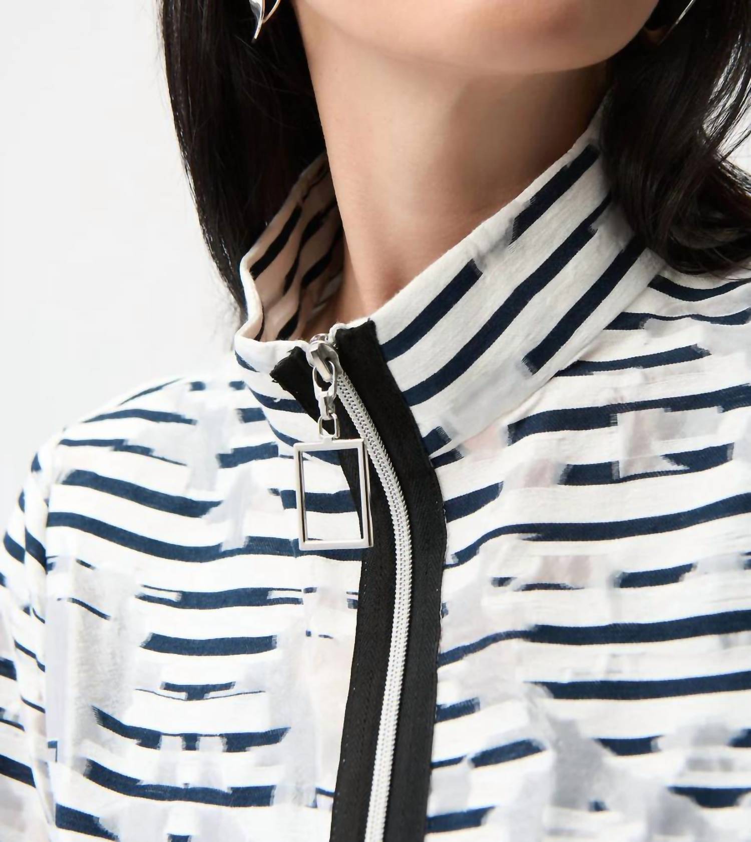 Joseph Ribkoff Jacquard Organza Stripped Bomber Jacket in off white navy - women's jacket - detail view