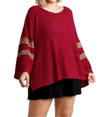 Umgee - Leopard Trim Waffle Knit Top