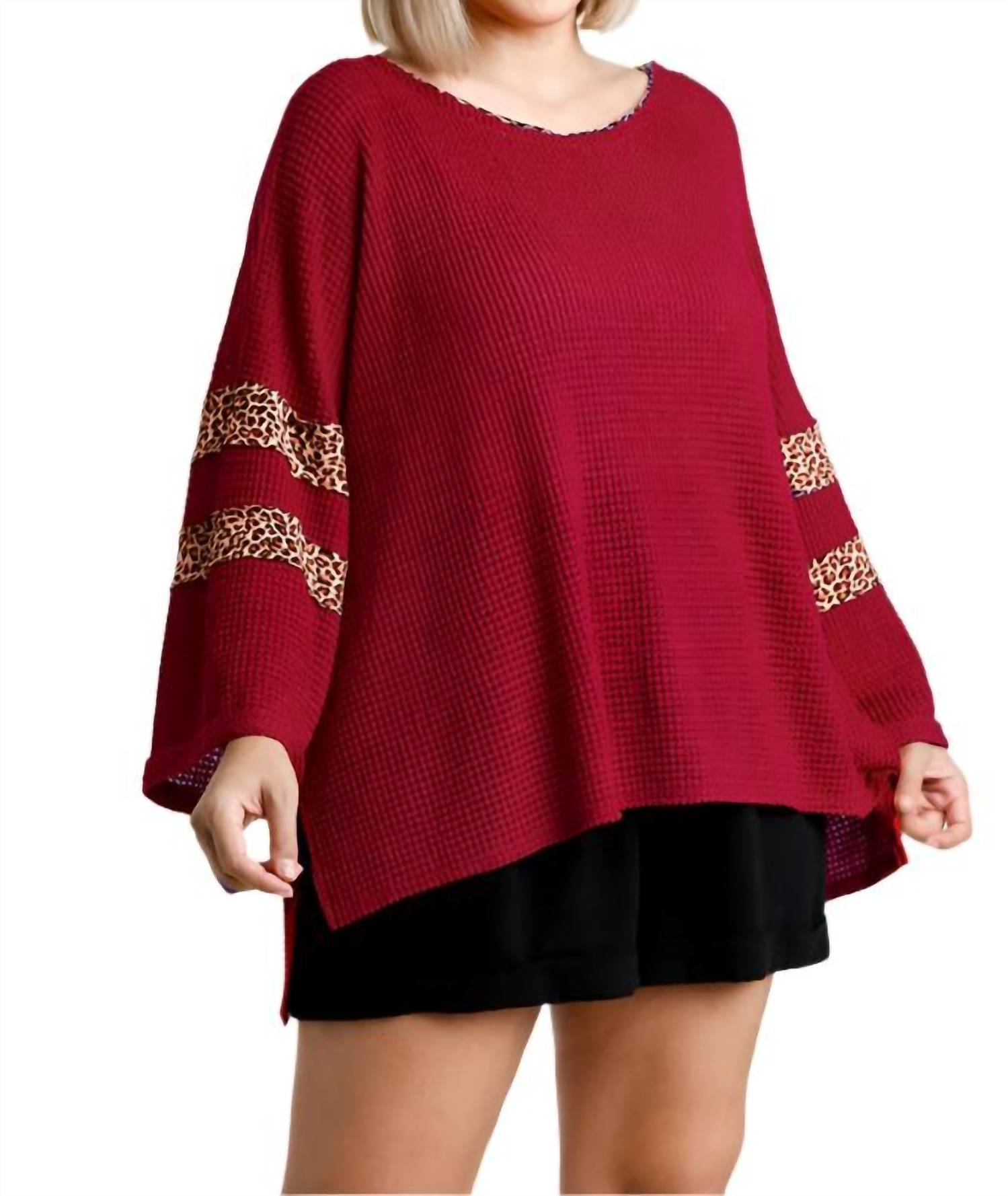 Umgee - Leopard Trim Waffle Knit Top