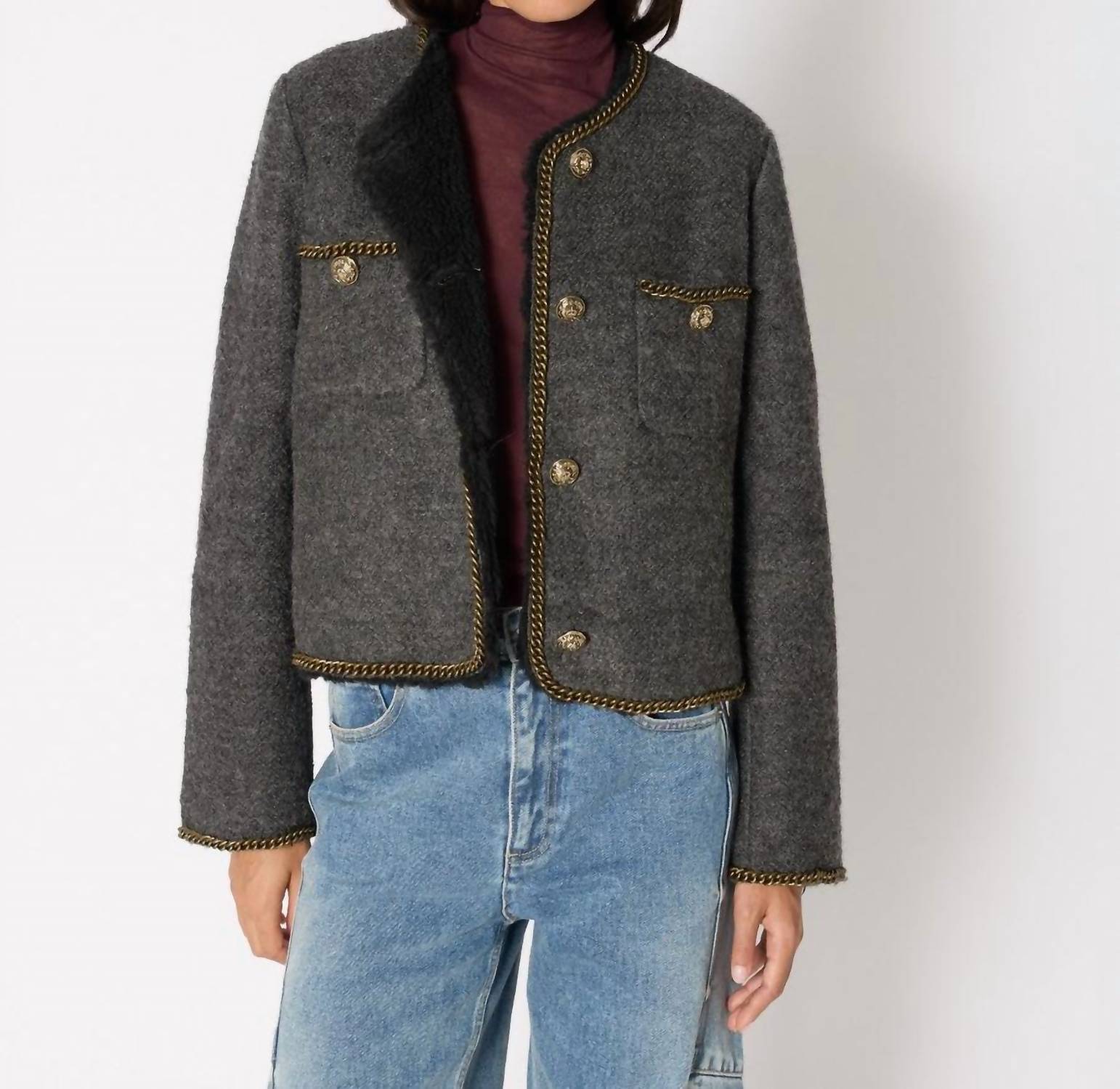 Berenice - Melrose Chain Trimmed Jacket With Sherpa Lining
