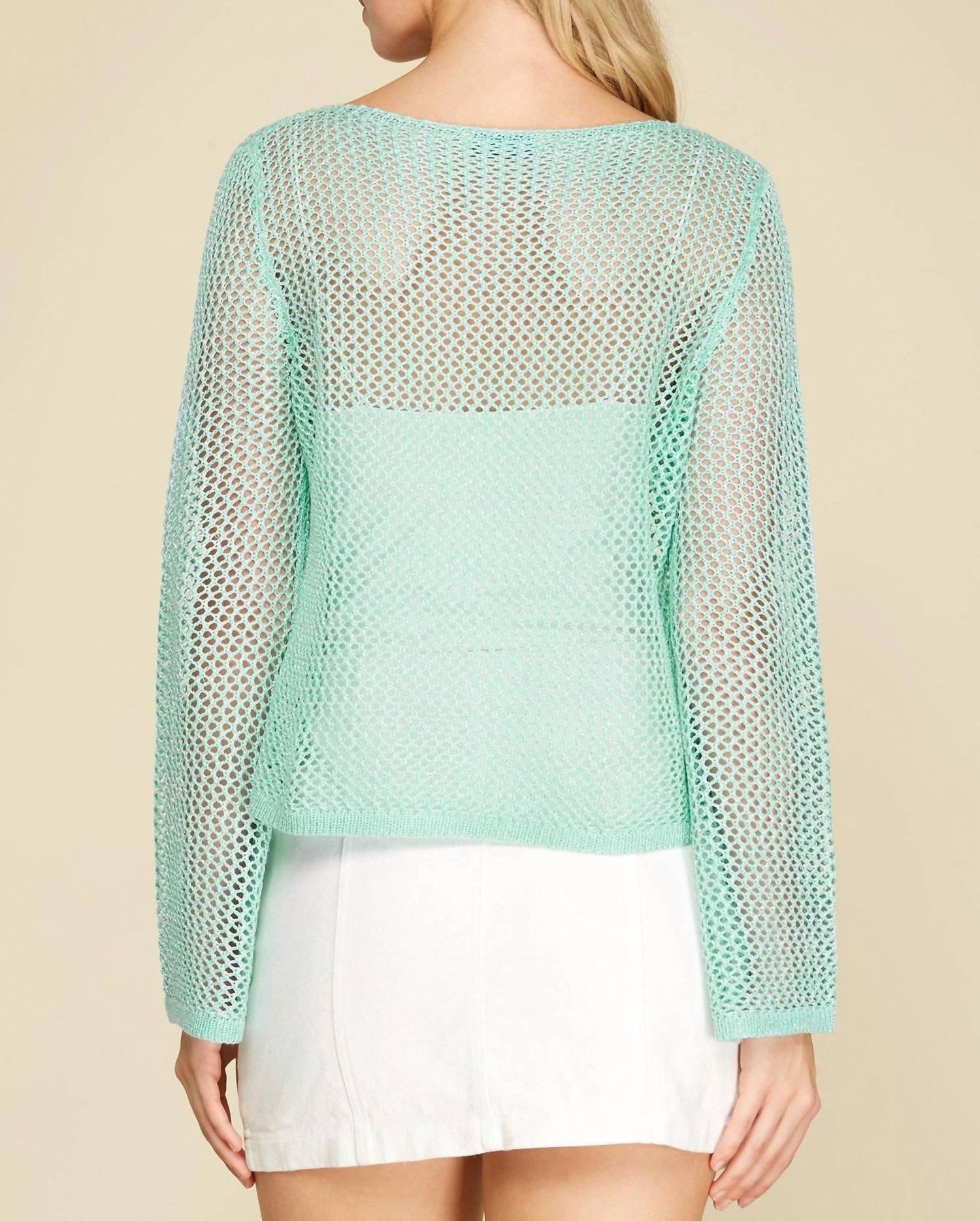 SHE + SKY Open-knit Metallic Thread Sweater Top in aqua - women's sweater - alternate view
