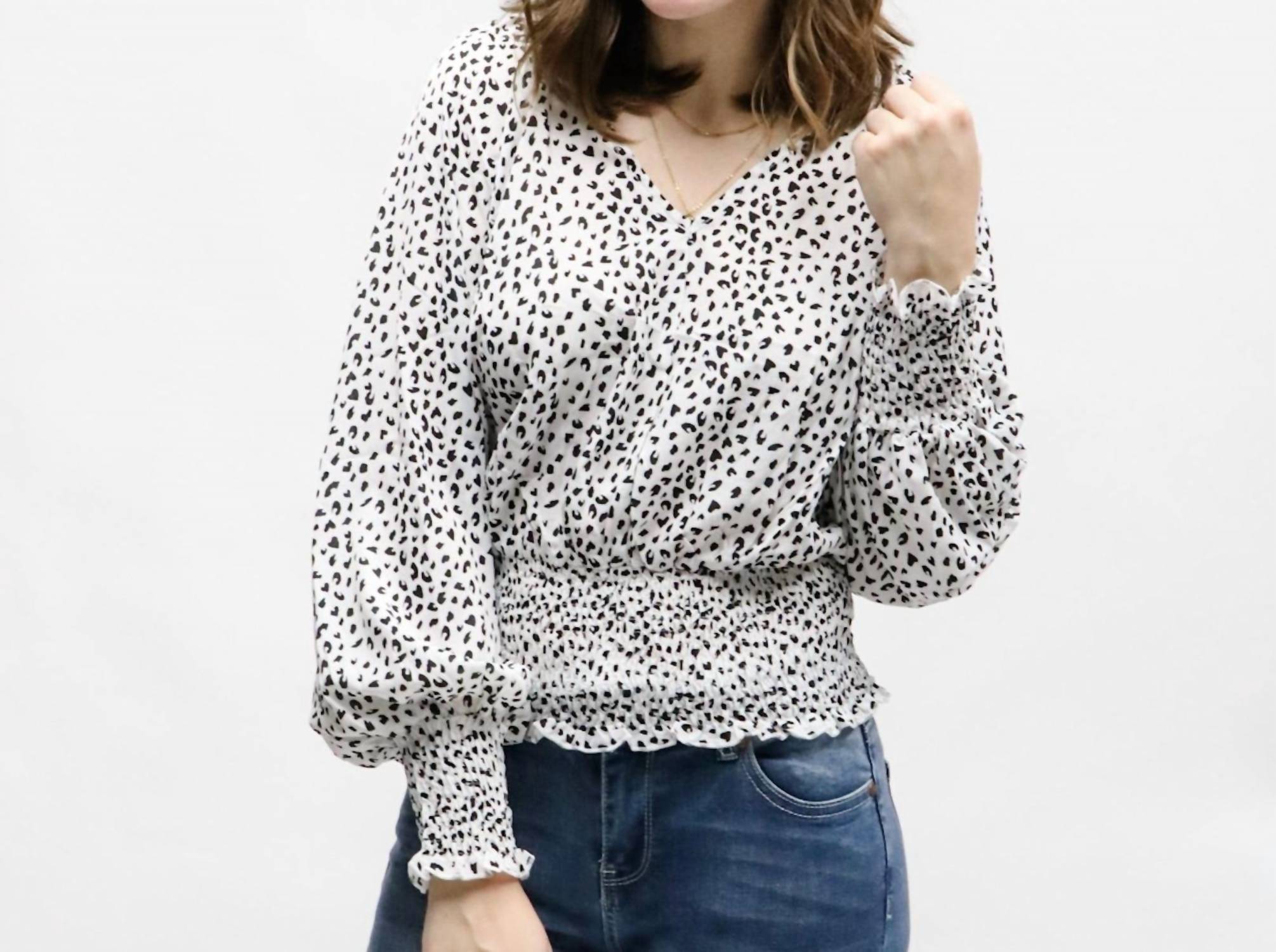 Mountain Valley - Leopard V-neck Smocked Long Sleeve Blouse