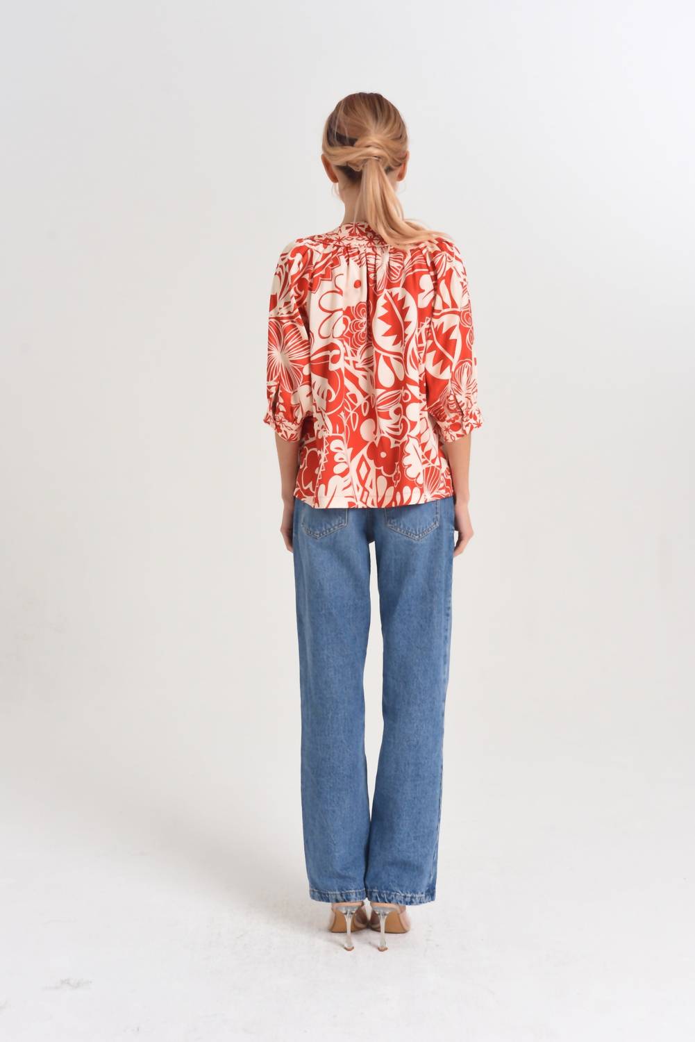 CIEBON Katari Engineered Floral Top in red multi - women's blouse - detail view