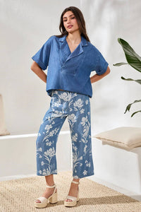 Tribal - Flowy Popover Denim Shirt With Short Sleeves
