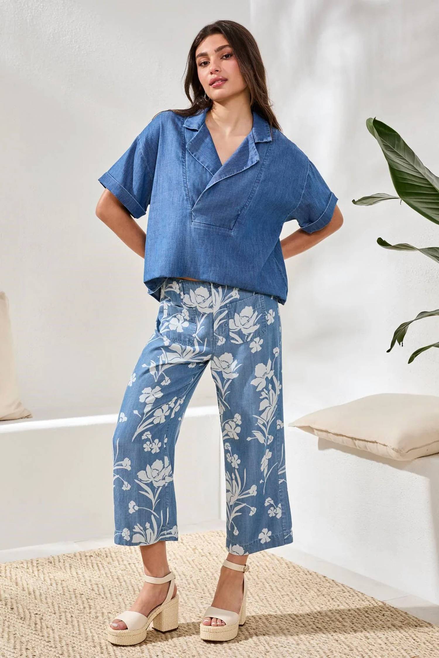 Tribal - Flowy Popover Denim Shirt With Short Sleeves