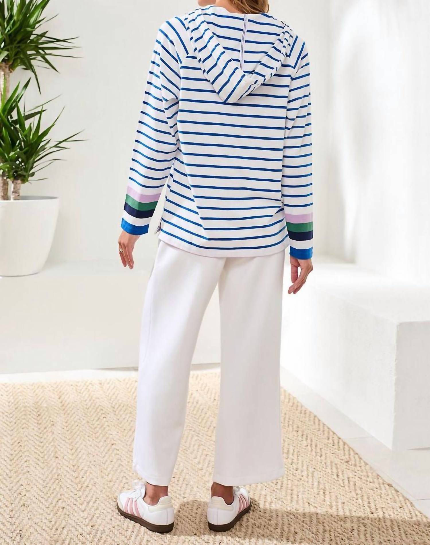 Tribal - Slub Knit Striped V Neck Long Sleeve Hoodie