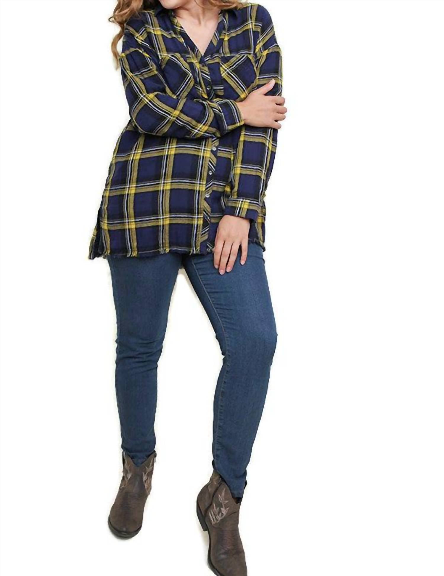 Umgee - Plaid & Frayed Cotton Top - Plus Size