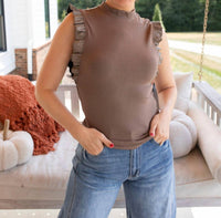 Doe and Rae Edgy Ruffles Faux Leather Tank Top in mocha - women's tank top