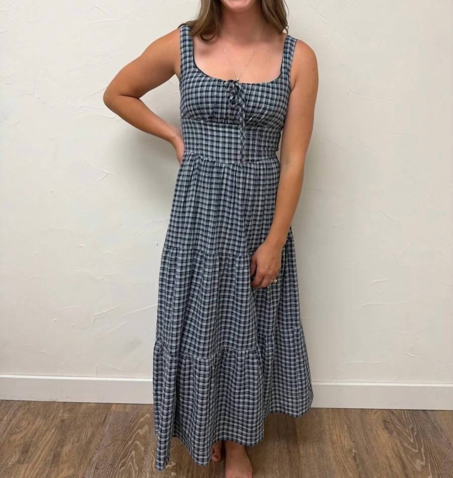 Blu Pepper - Plaid Front Tie Corset Detail Midi Dress