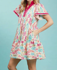 Umgee - Leaf Print Flutter Sleeve Tiered Mini Dress