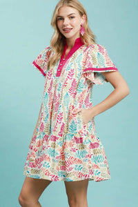 Umgee - Leaf Print Flutter Sleeve Tiered Mini Dress
