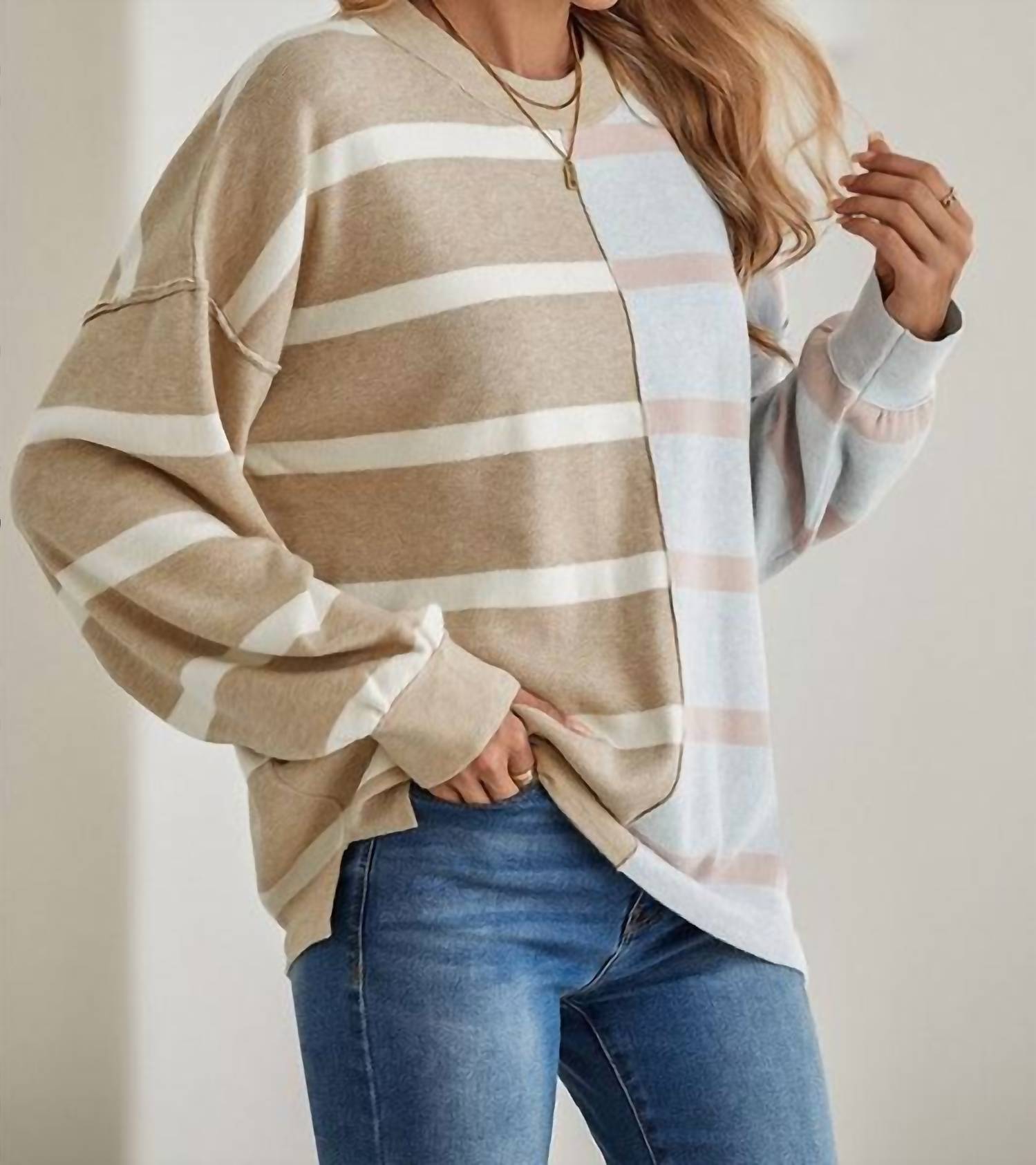 Shewin - Striped Color Block Drop Shoulder Sweater