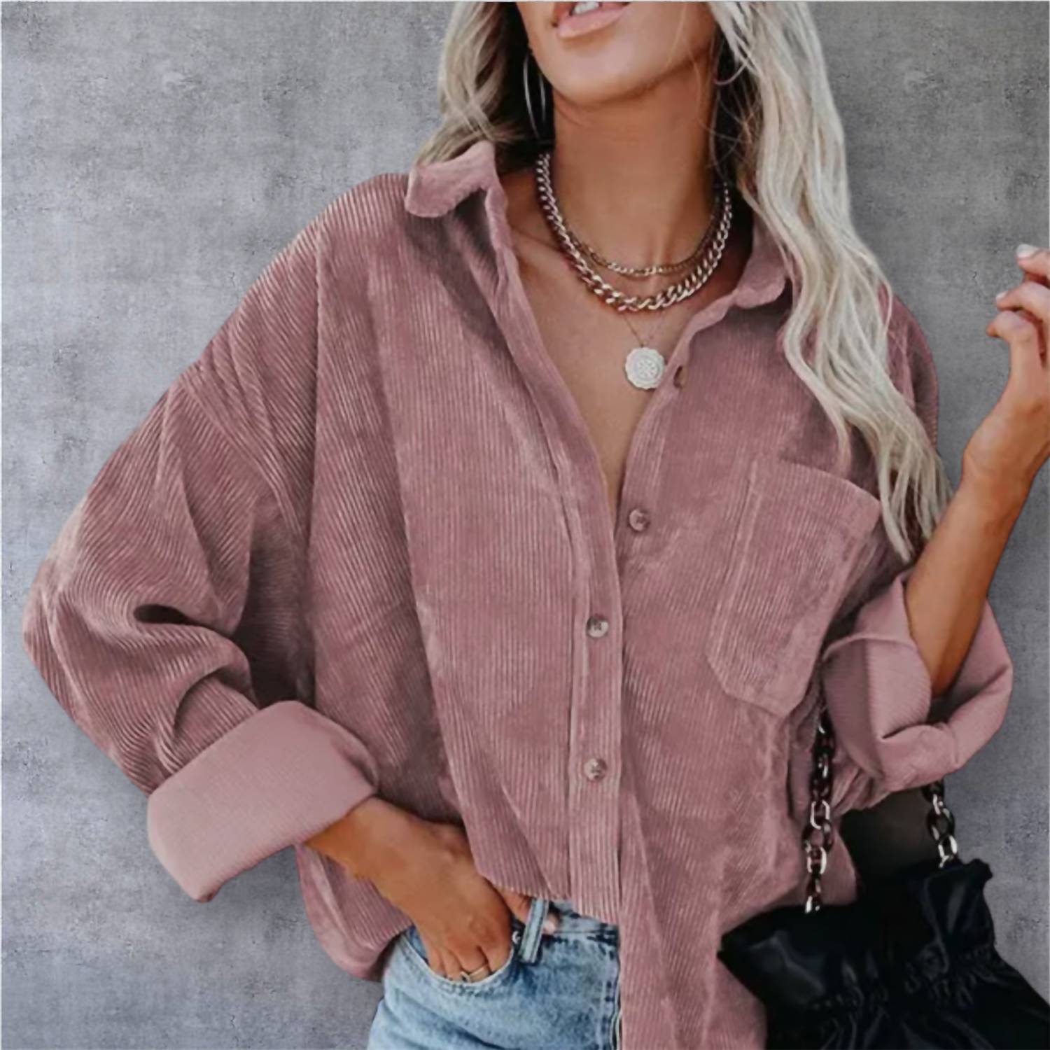 Suhkasana Cory Corduroy Solid Button Down Shirt in pink - women's shirt