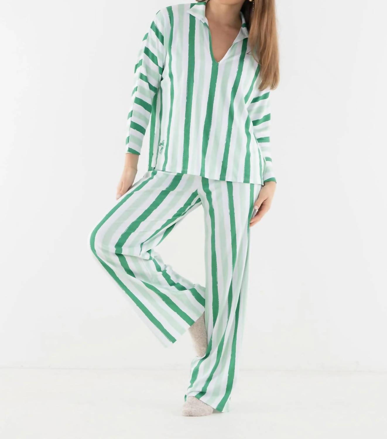 Emily McCarthy Women's Pajama Pant Set in mist green stripe - women's sleepwear