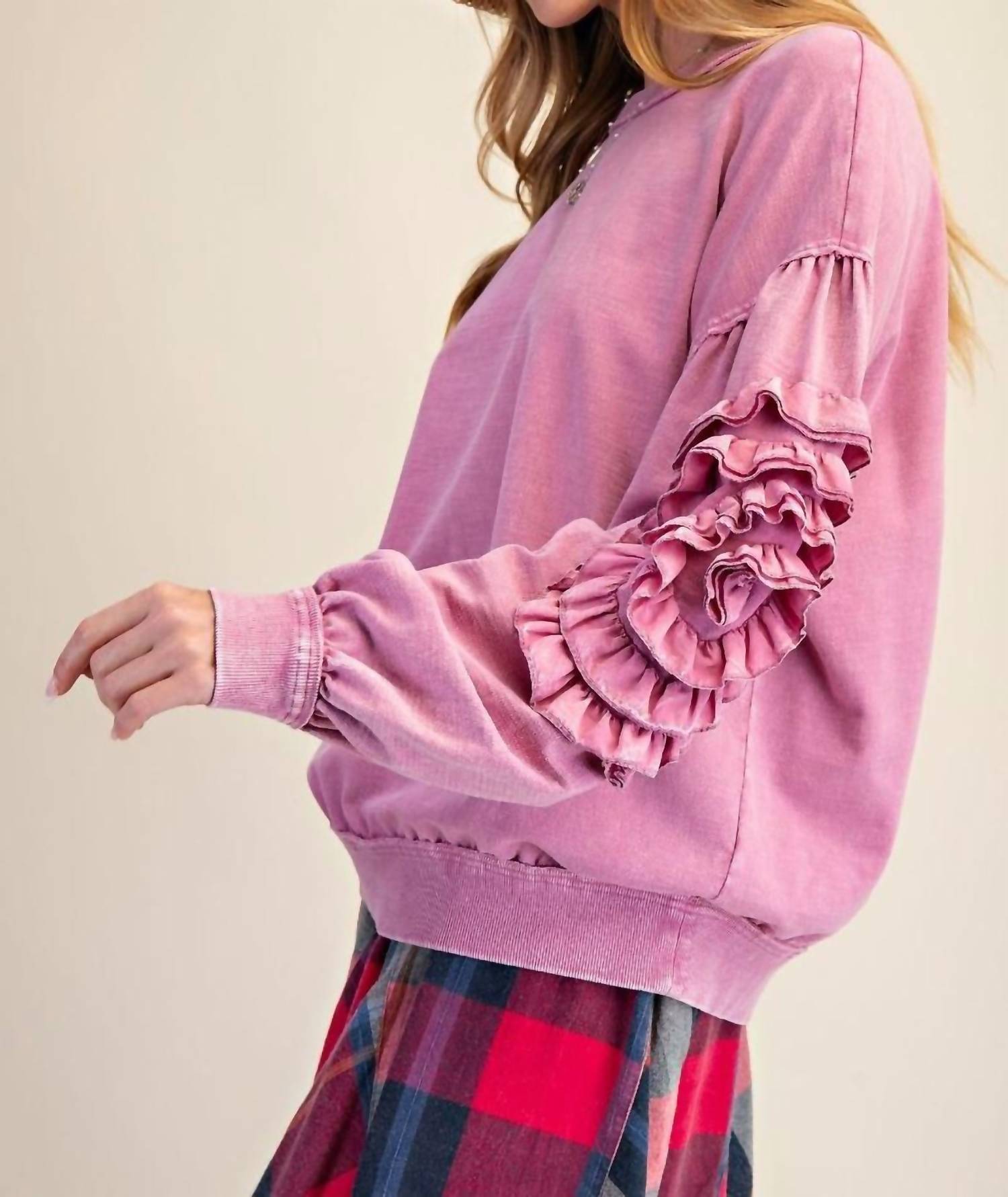 Easel - Long Sleeve Flower Patch On Sleeves Top