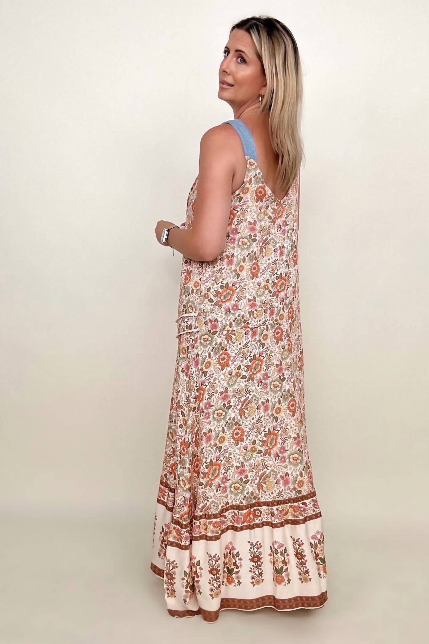 Davi & Dani - floral border printed v neck sleeveless maxi dress
