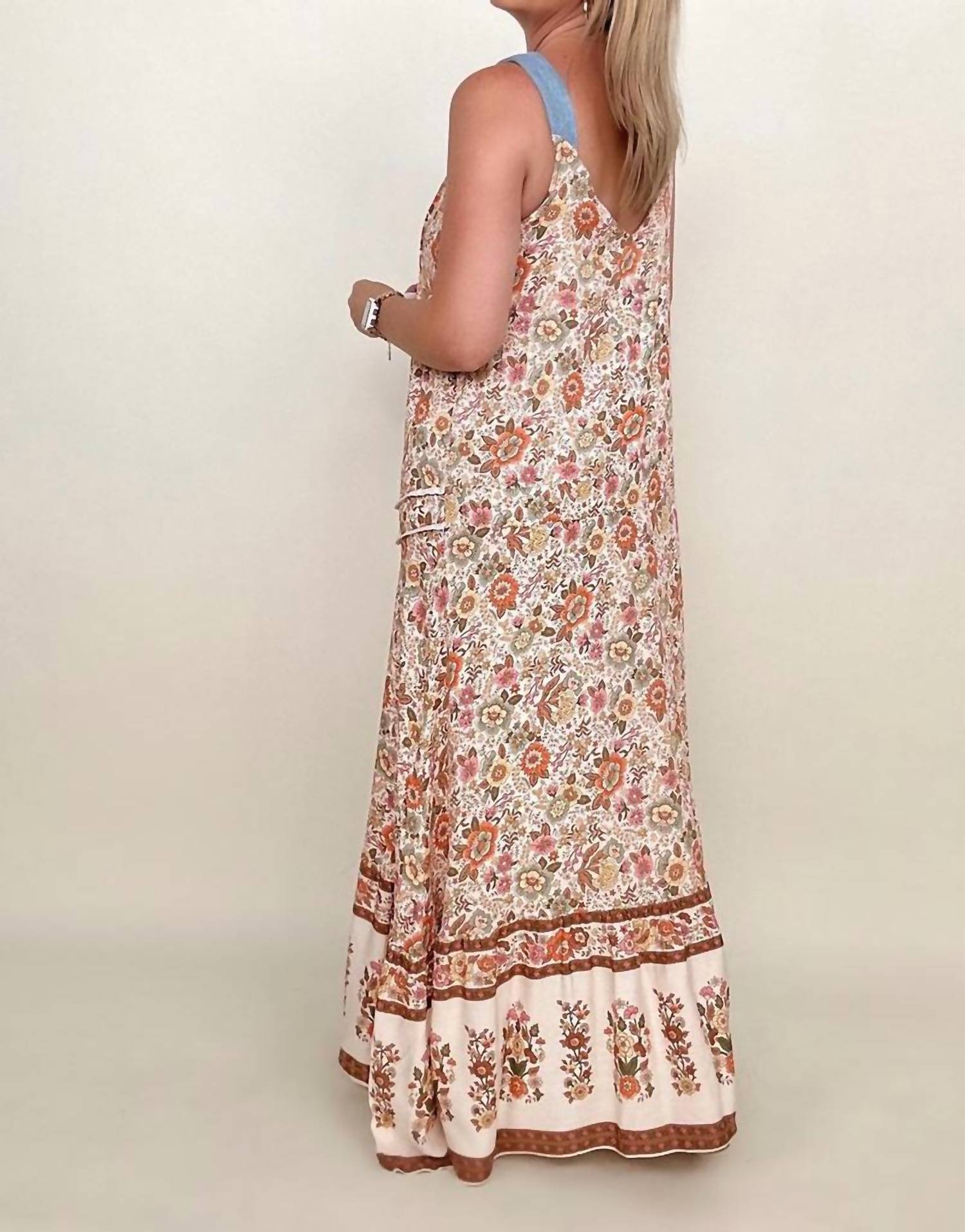 Davi & Dani - floral border printed v neck sleeveless maxi dress