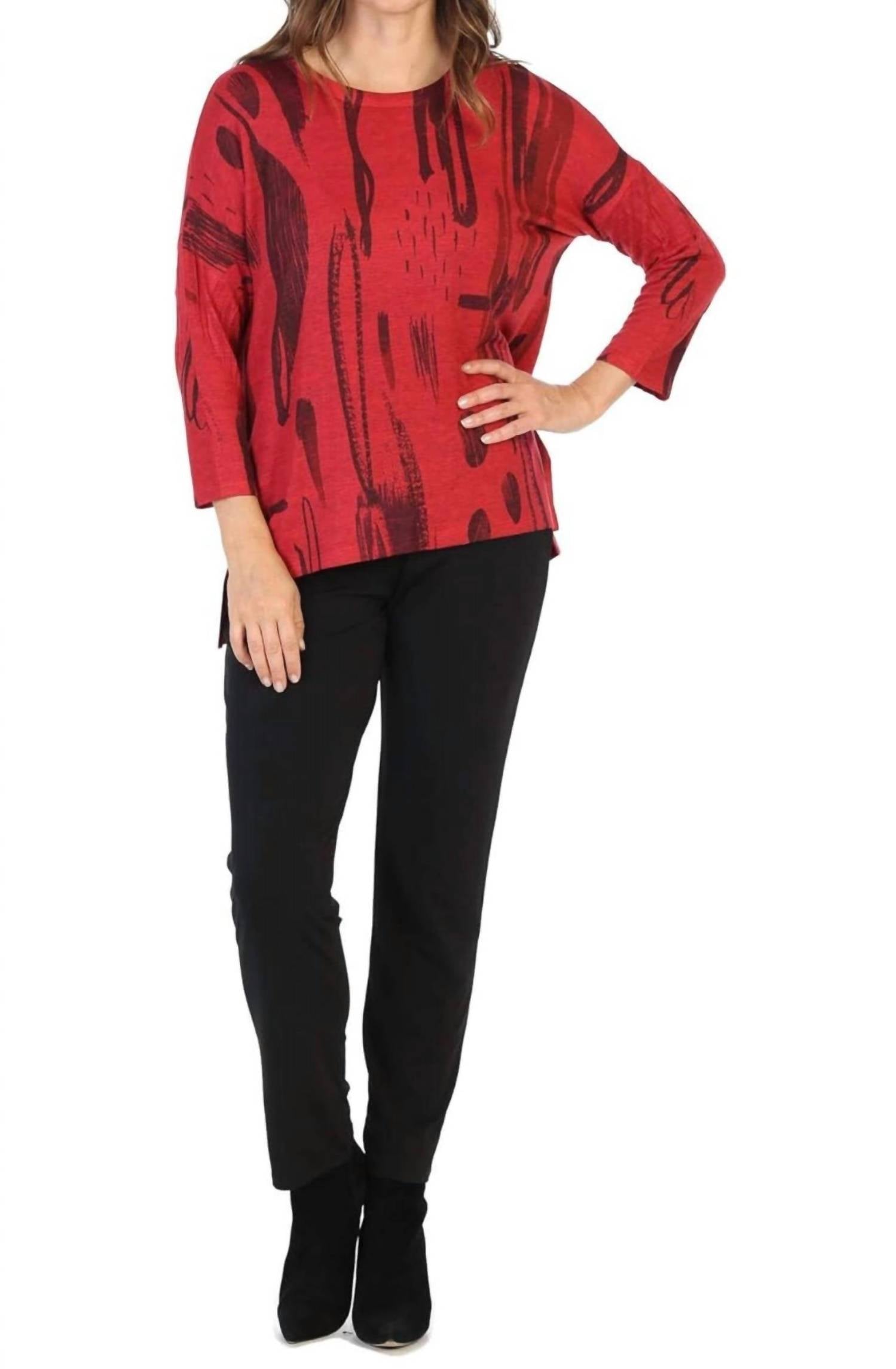 Jess & Jane Pamela Knit Jersey Dolman Sleeve Top in red black - women's blouse - detail view