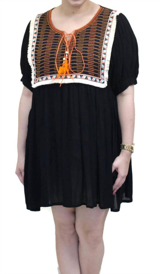 Velzera - Embroidered & Fringed Short Sleeve Mini Dress