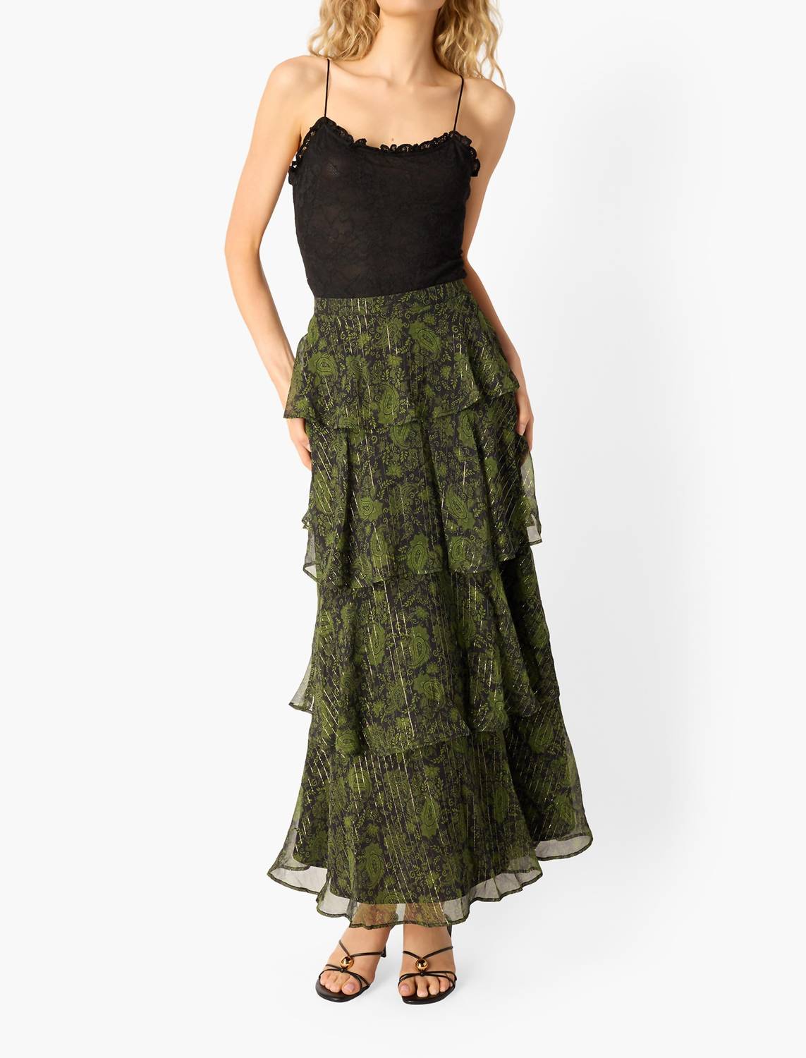 Cami NYC Gaia Metallic Chiffon Tiered Maxi Skirt in forest paisley - women's skirt