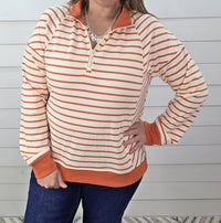 STACCATO Striped French Terry Quarter Zip in tangerine - women's long sleeve top - detail view