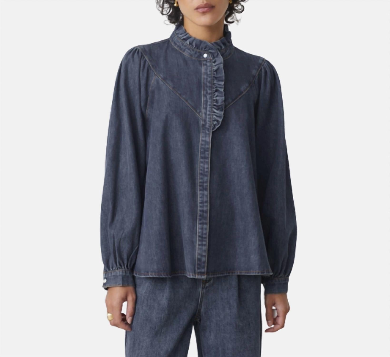 Suncoo Lively Ruffle Top in dark denim - women's blouse