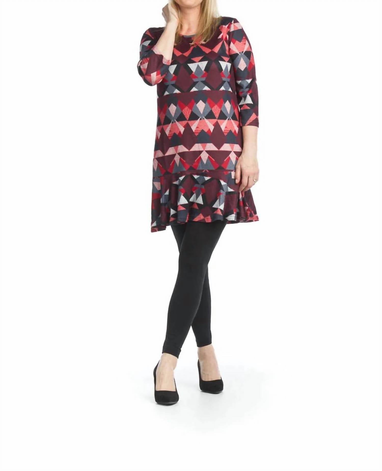 Papillon - Geometric 3/4 Sleeve Dress With Ruffle Hem